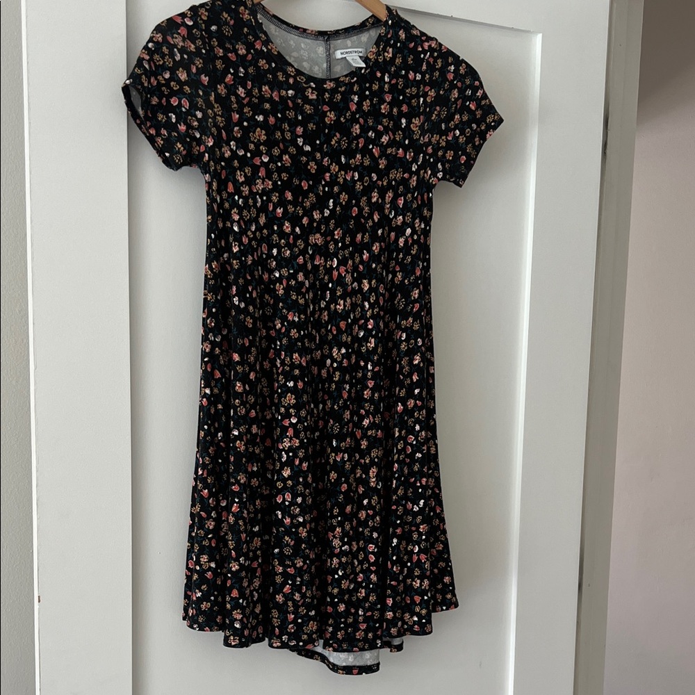 Nordstrom Black Floral Kids Dress, Slip On, Jersey Material, Size L (10/12)